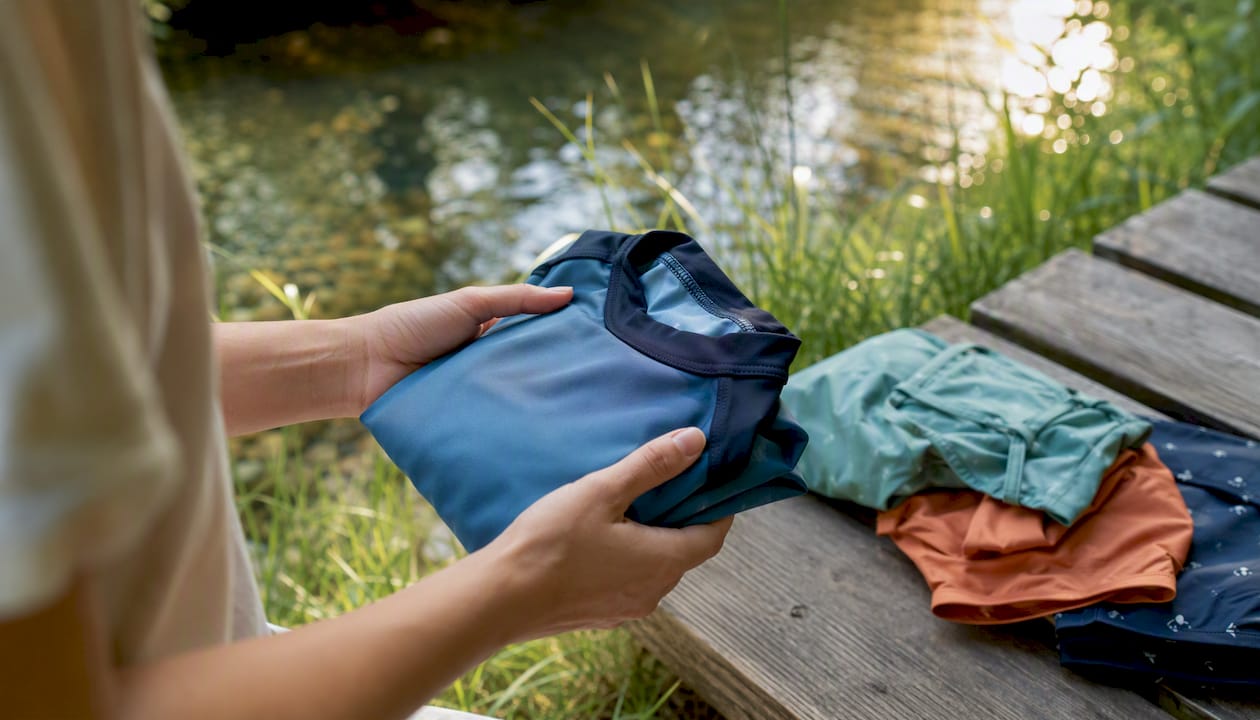 In den Händen liegt ein zusammengelegtes UV-Schutz-Schwimmshirt.