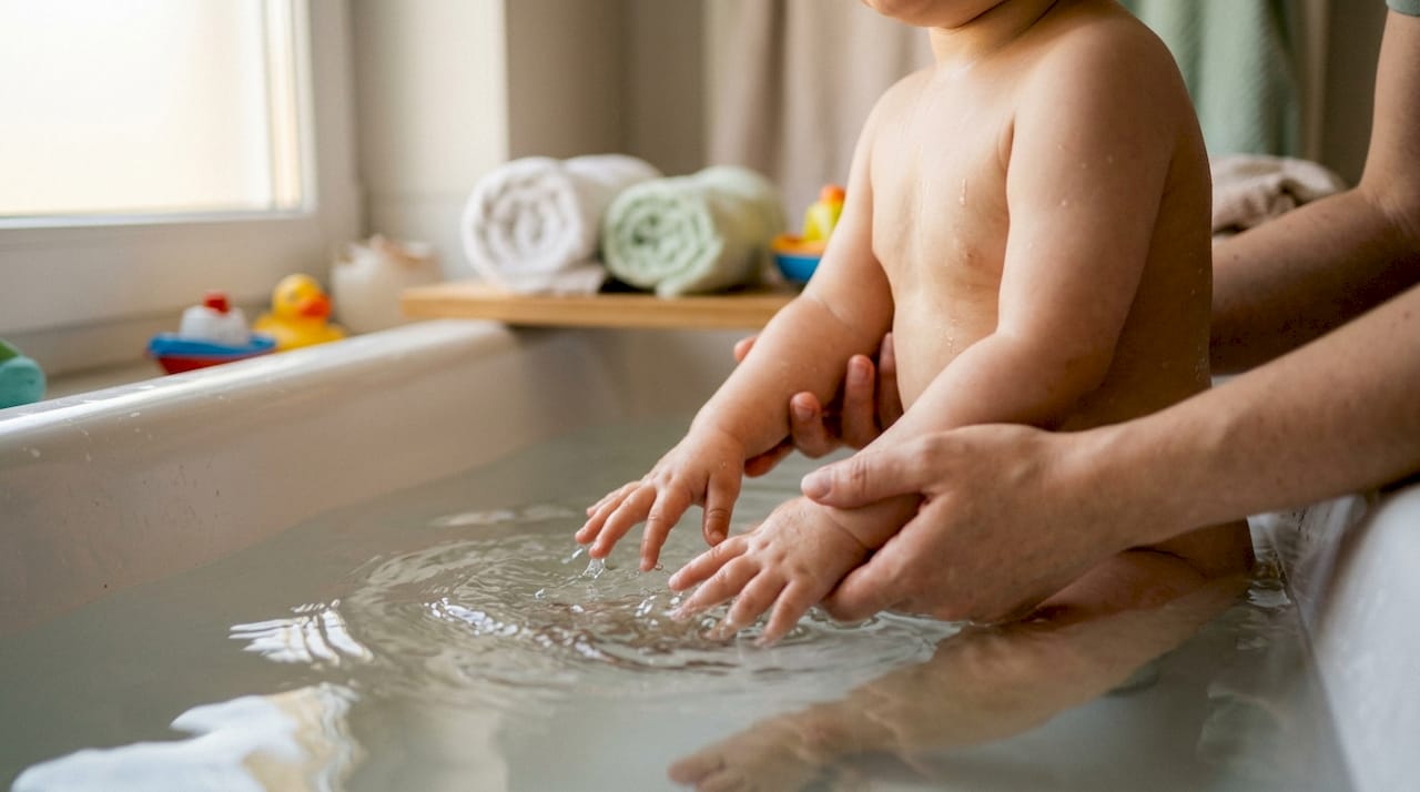 Kleine Babyhände planschen fröhlich im warmen Badewasser, während Mama oder Papa liebevoll dabei sitzt.