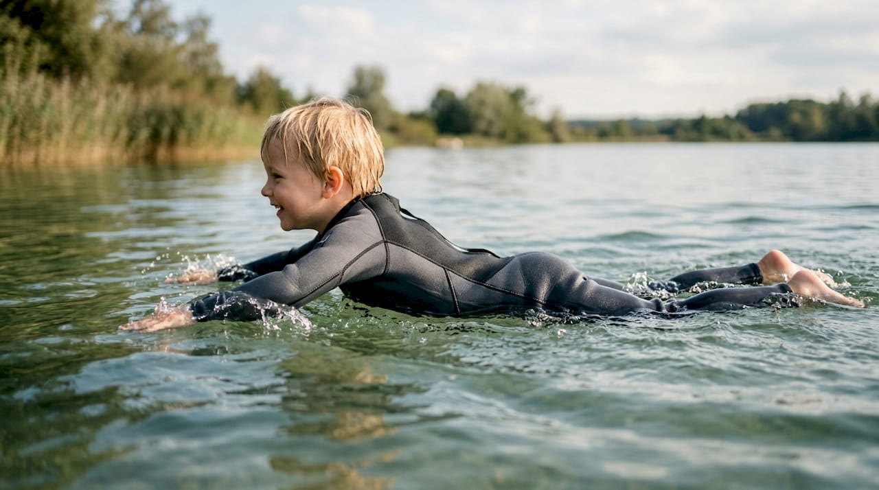 Kind beim Schwimmen im 3/2 mm Neoprenanzug