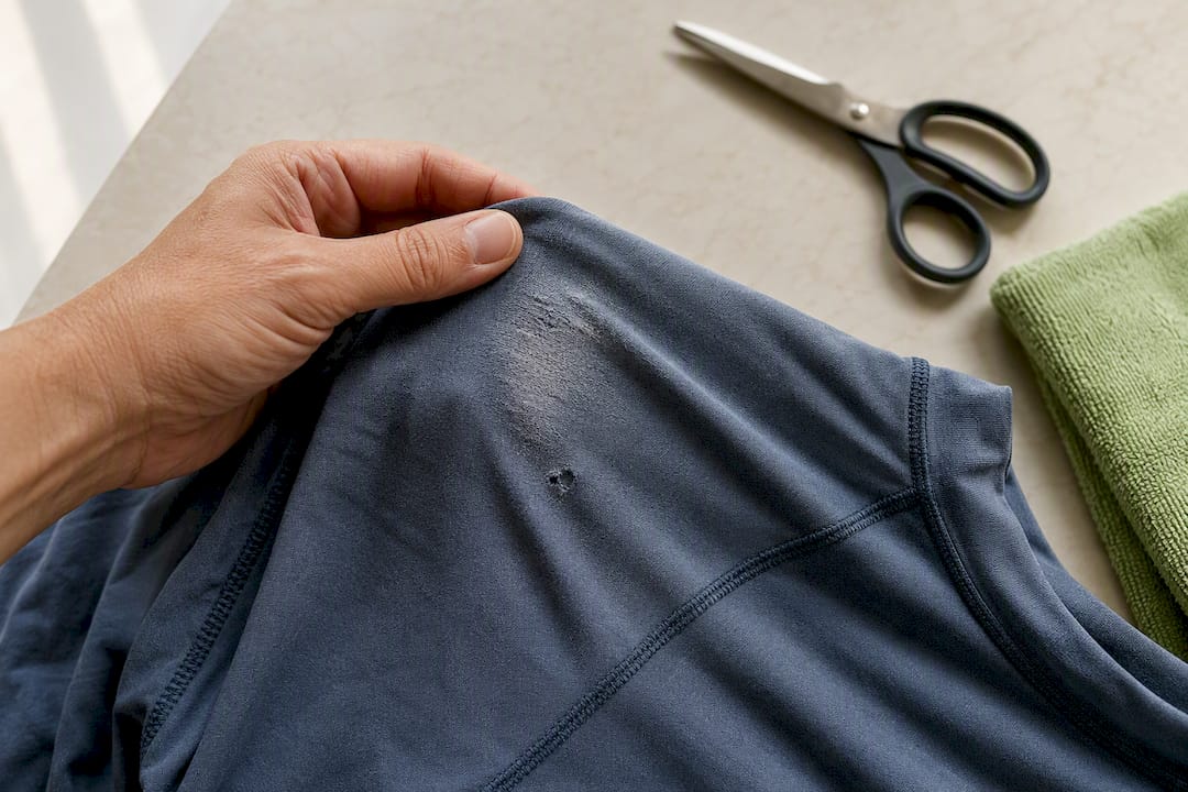 Abgenutzter Stoff eines UV-Shirts wird begutachtet