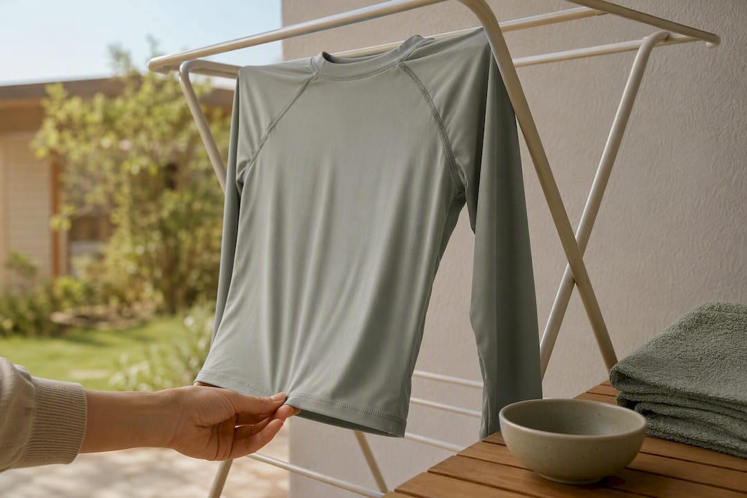 UV-Shirt trocknet schattig auf dem Wäscheständer