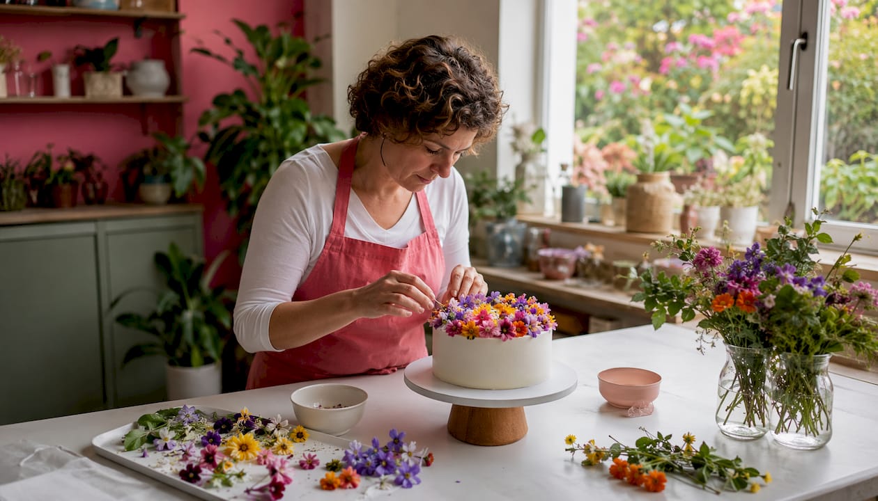 Eine Floristin dekoriert eine Torte liebevoll mit essbaren Blüten.