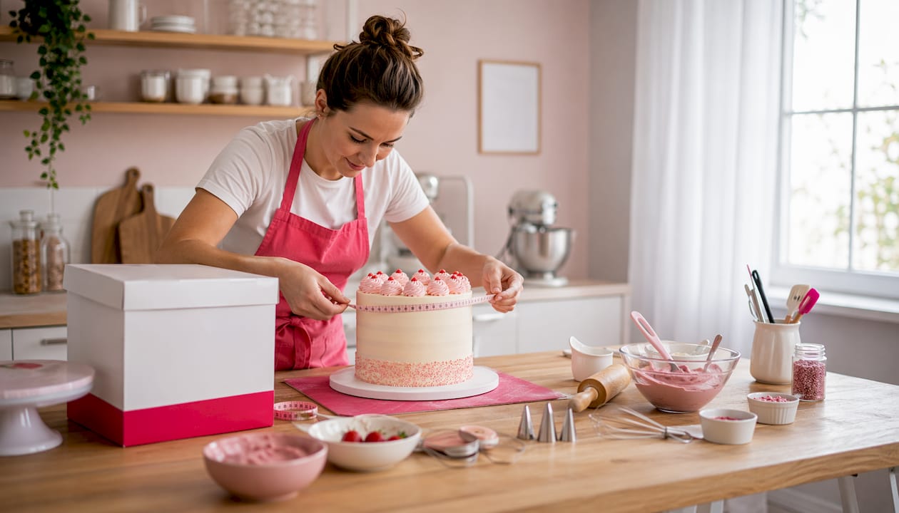 Ein Bäcker überprüft die Größe der Torte, um sie passgenau verpacken zu können.