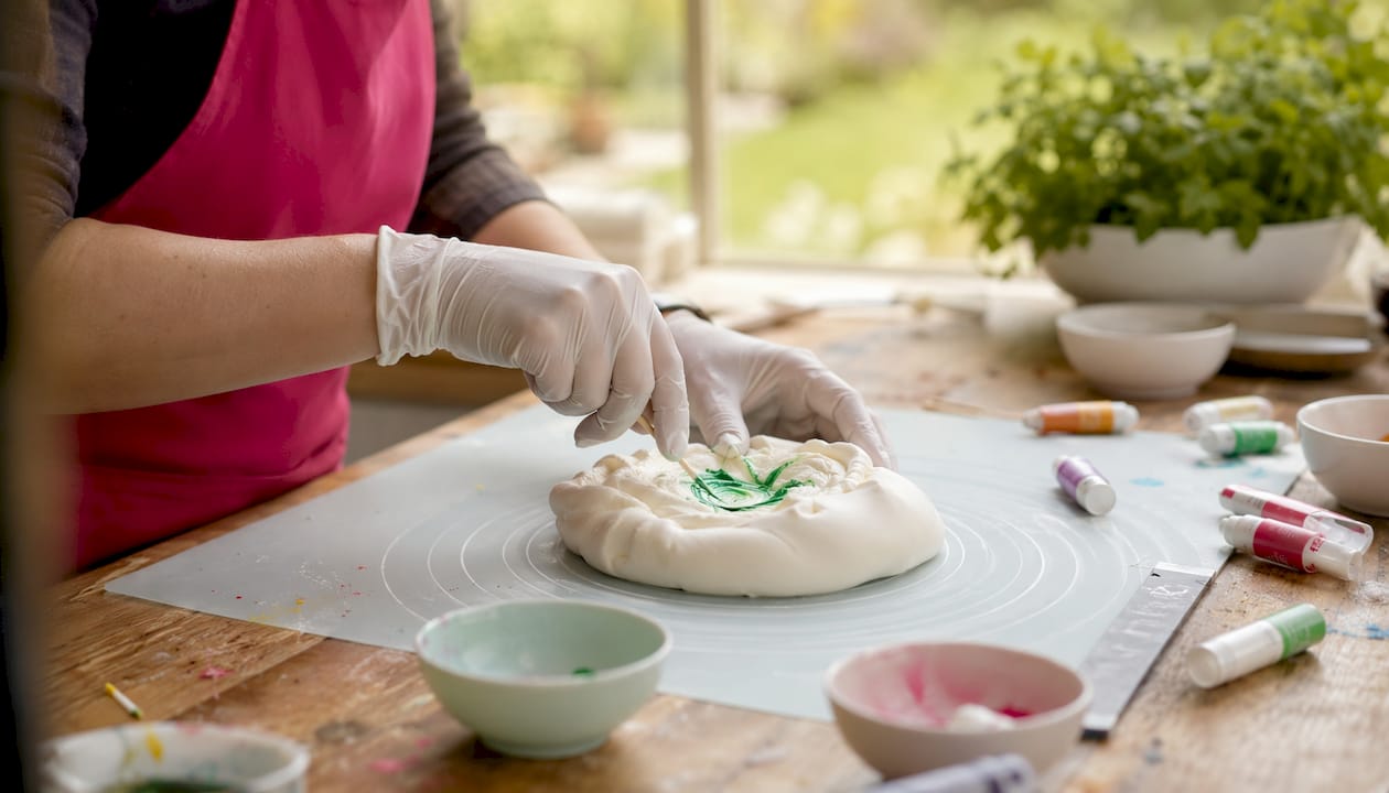 Mit den Händen wird Farbpaste gründlich in den Fondant eingearbeitet.