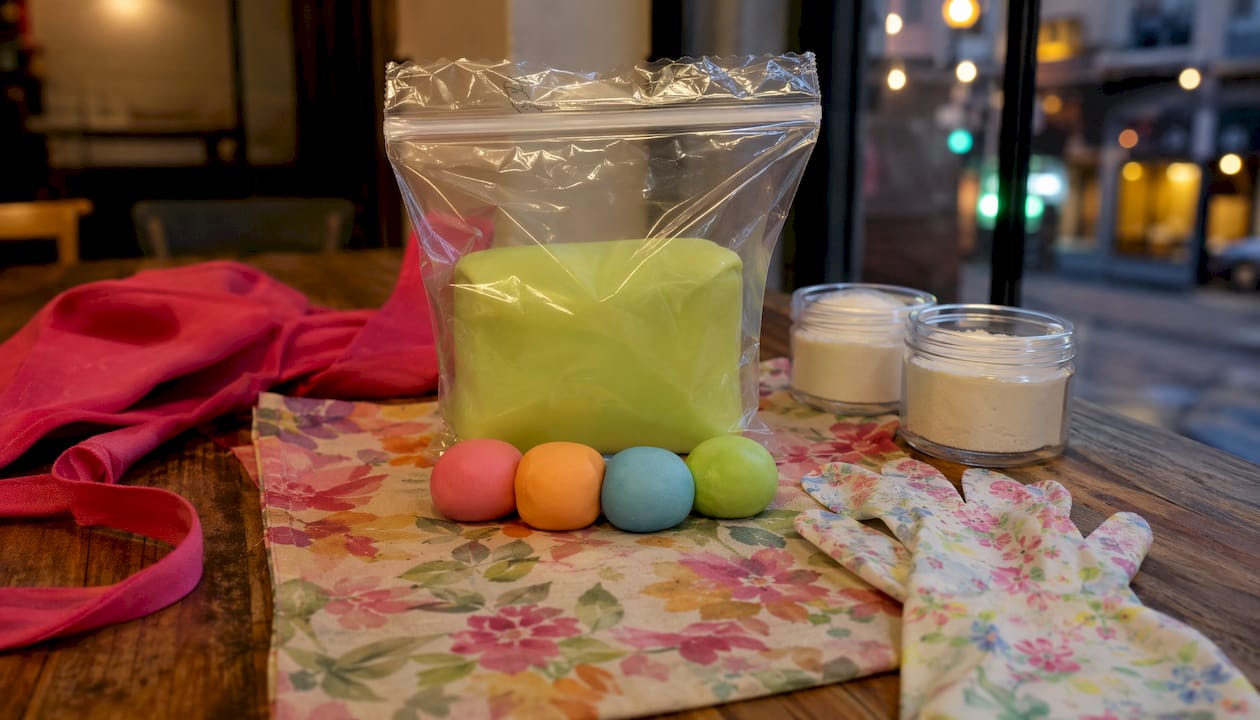 Auf der Küchenarbeitsplatte liegt bunt eingefärbter Fondant, sorgfältig in Folie gewickelt.