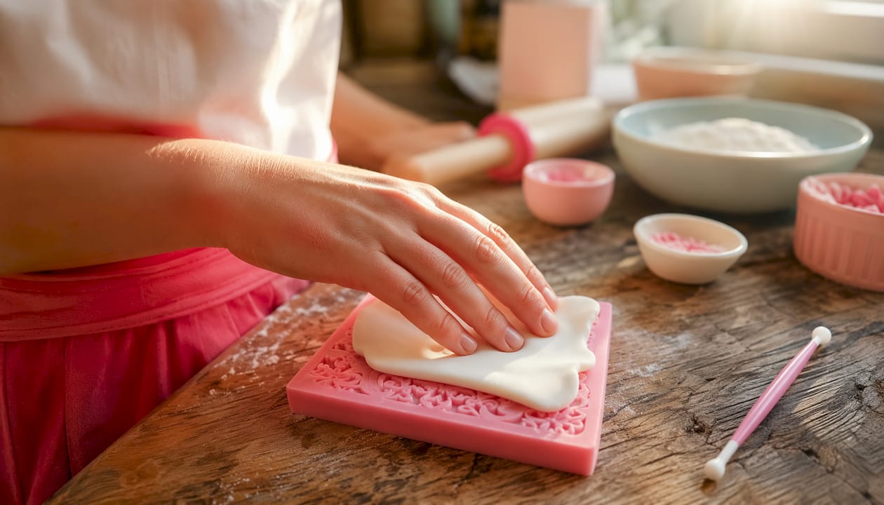 Mit der Hand wird Fondant vorsichtig in die Silikonform gedrückt.