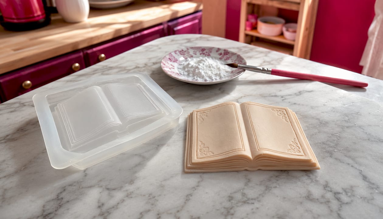 Silikonform in Buchoptik mit passender Fondant-Deko