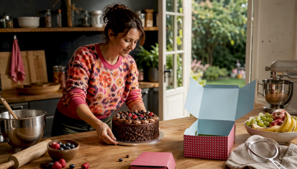 In der Küche stellt eine Frau eine gekühlte Torte vorsichtig auf eine Tortenplatte.