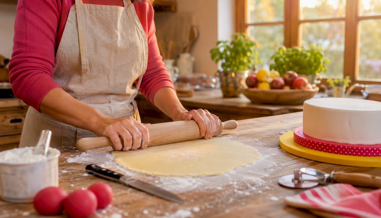 Aus der Seitenperspektive: Hände rollen Marzipan auf der Arbeitsfläche aus
