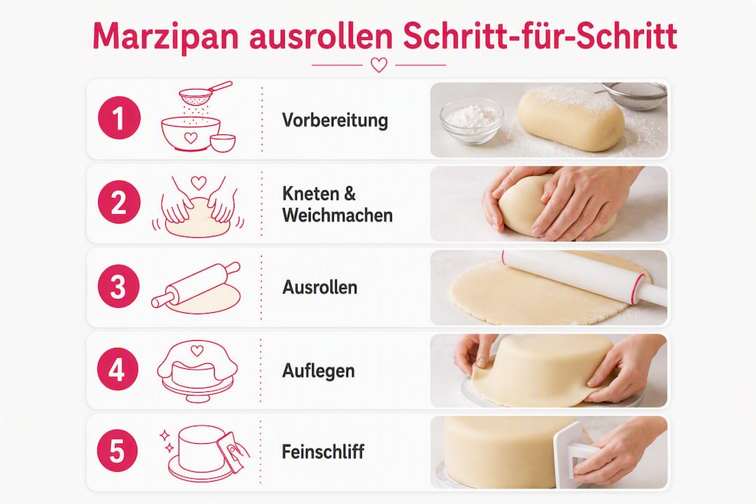 Schritt-für-Schritt-Anleitung: So lässt sich Marzipan perfekt ausrollen (als Infografik dargestellt)