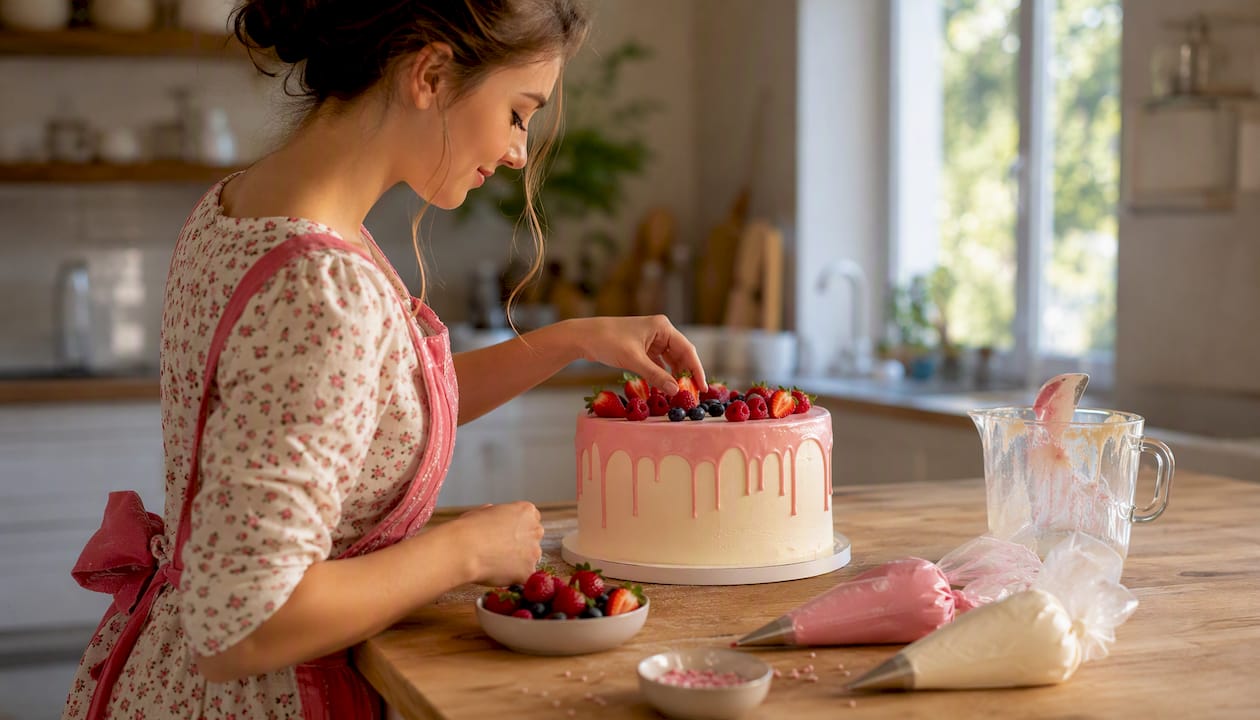 Detailaufnahme eines Drip Cakes, verziert mit frischen Beeren