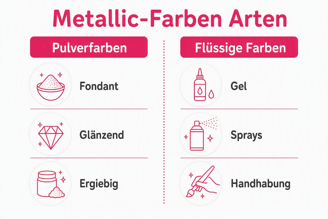 Die Infografik gibt einen Überblick über verschiedene Typen von metallischen Lebensmittelfarben.