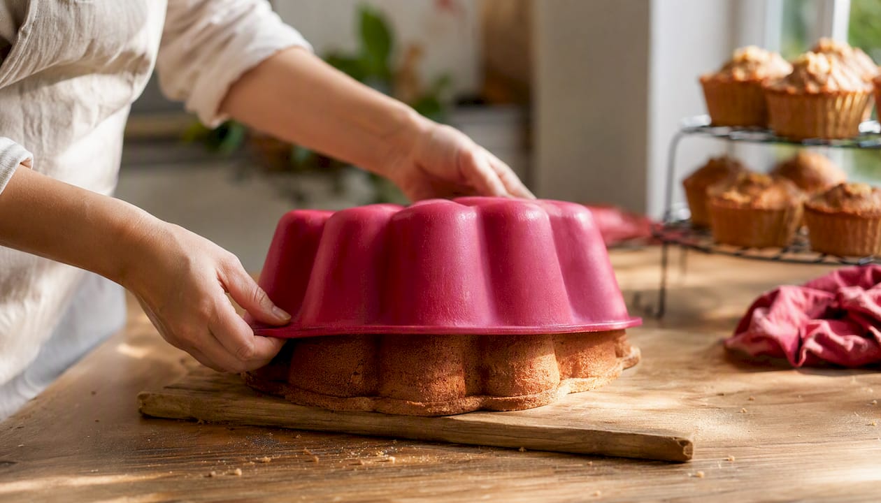 Mit beiden Händen wird der Kuchen vorsichtig aus der Silikonform gelöst.