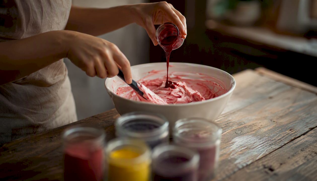 Buttercreme mit roter Lebensmittelfarbe in Gel-Form einfärben