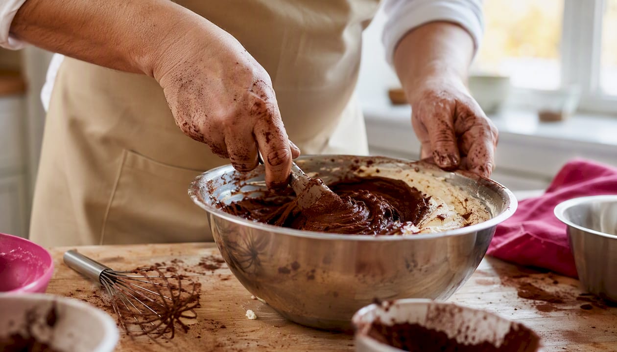 Mit den Händen wird eine dunkle Kakaobuttercreme sorgfältig vermischt.