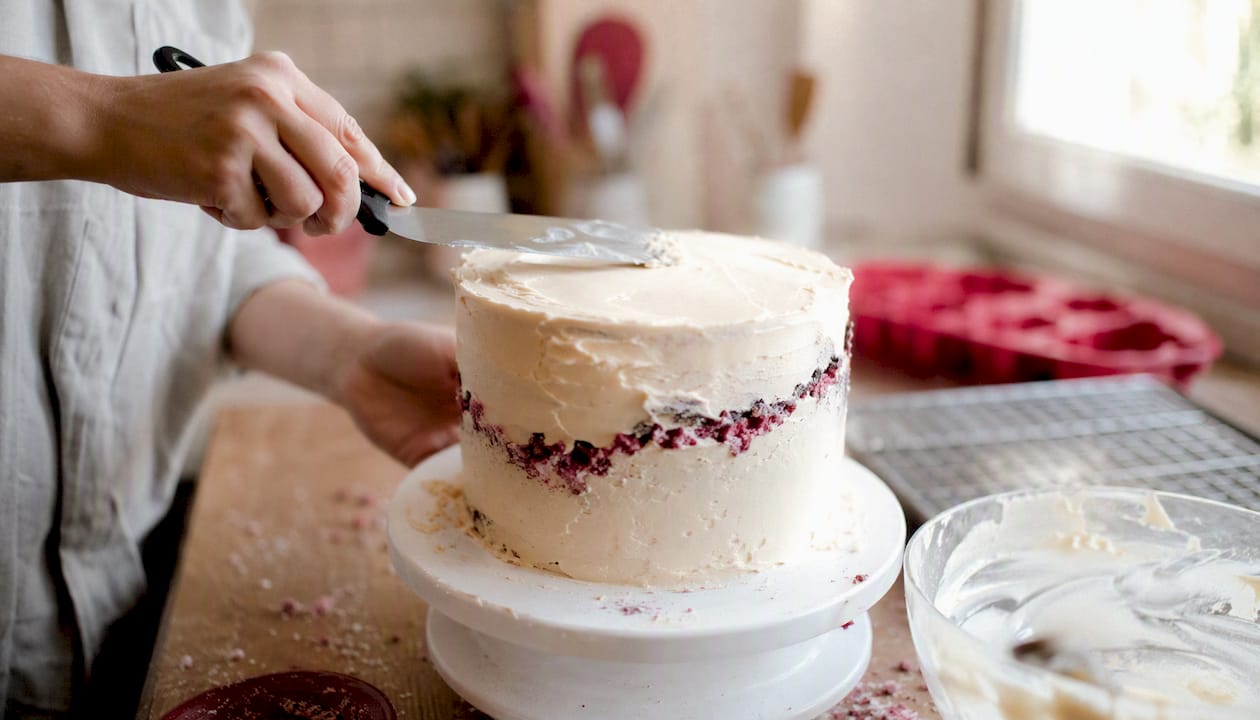 Mit den Händen wird die Buttercreme auf der Fault-Line-Torte glattgestrichen.