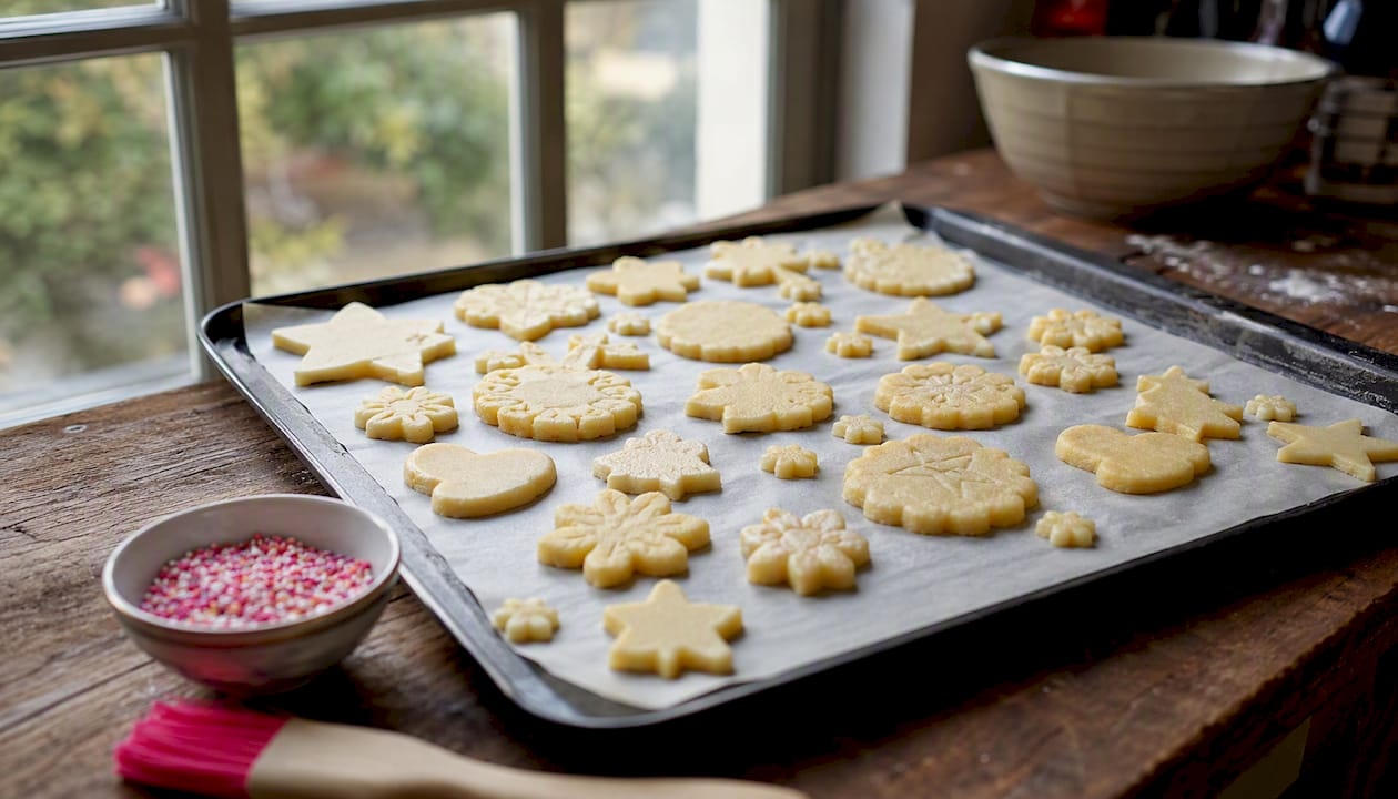 Gut gekühlte Keksteigstücke liegen bereit zum Backen auf dem Blech.