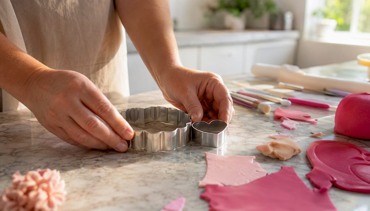 Mit geschickten Händen werden Fondant und Ausstechformen nebeneinander gelegt, bereit für die nächsten kreativen Backschritte.