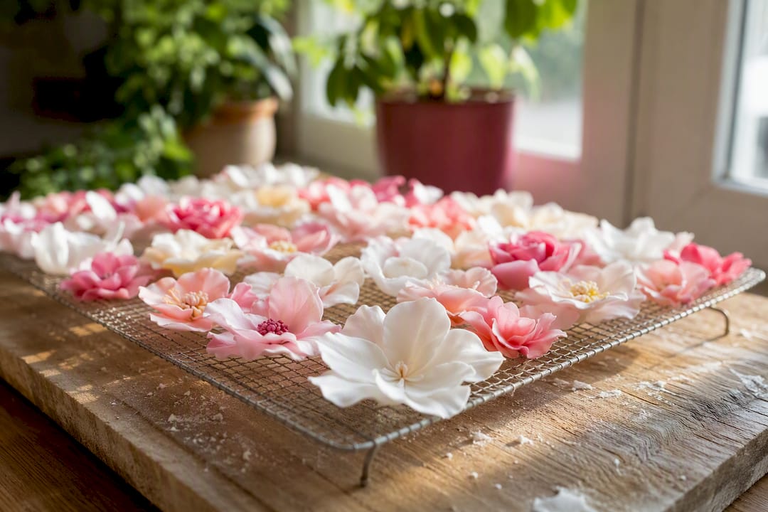 Zuckerblumen trocknen auf einem Gitter.