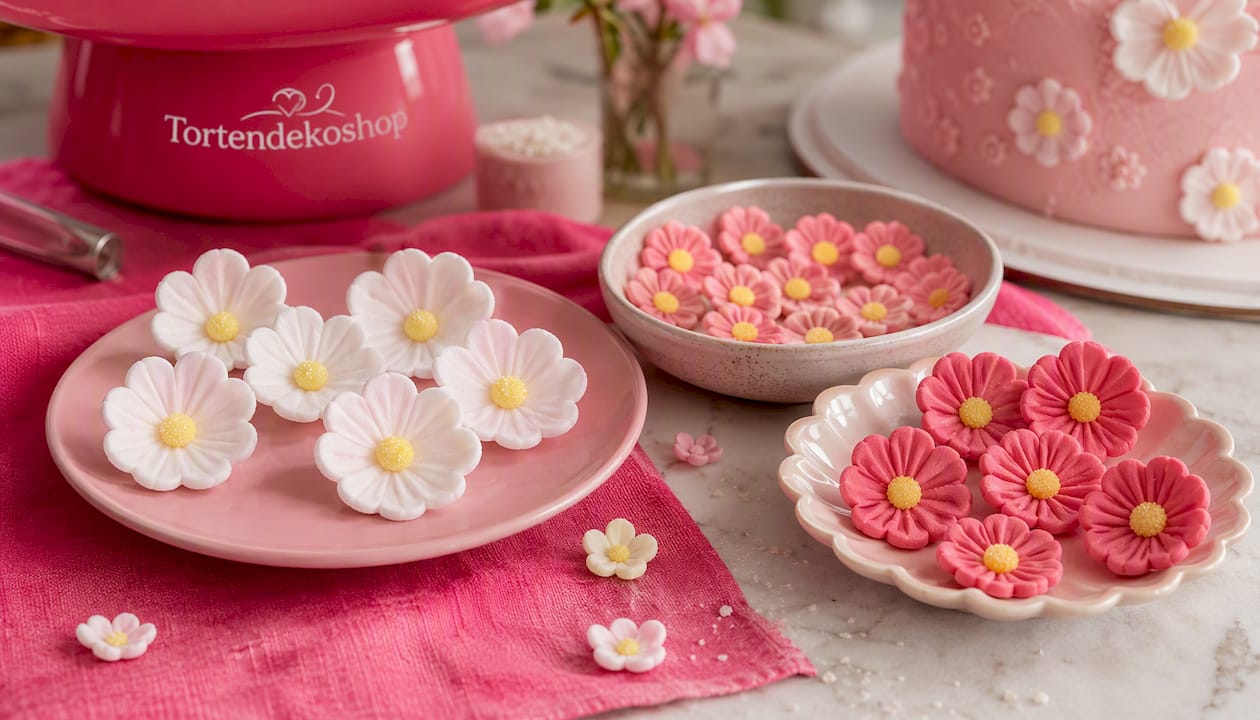 Blumen, 40mm, weiß, rosa, Zucker, 6 Stück