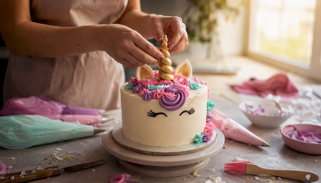 Mit geschickten Händen wird das Einhorn-Horn aus Fondant vorsichtig auf die Torte gesetzt, deren Mähne aus bunter Creme kunstvoll aufgespritzt ist.