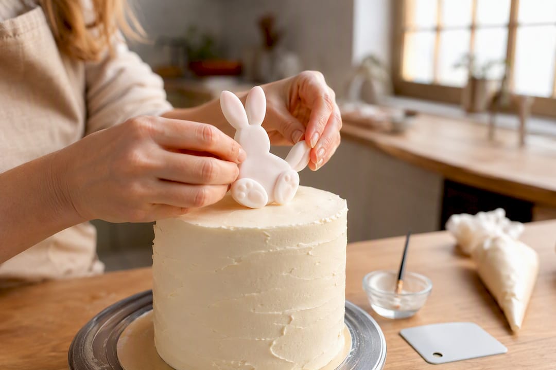 Hände, die einen Fondant-Aufleger auf einer Buttercremetorte befestigen