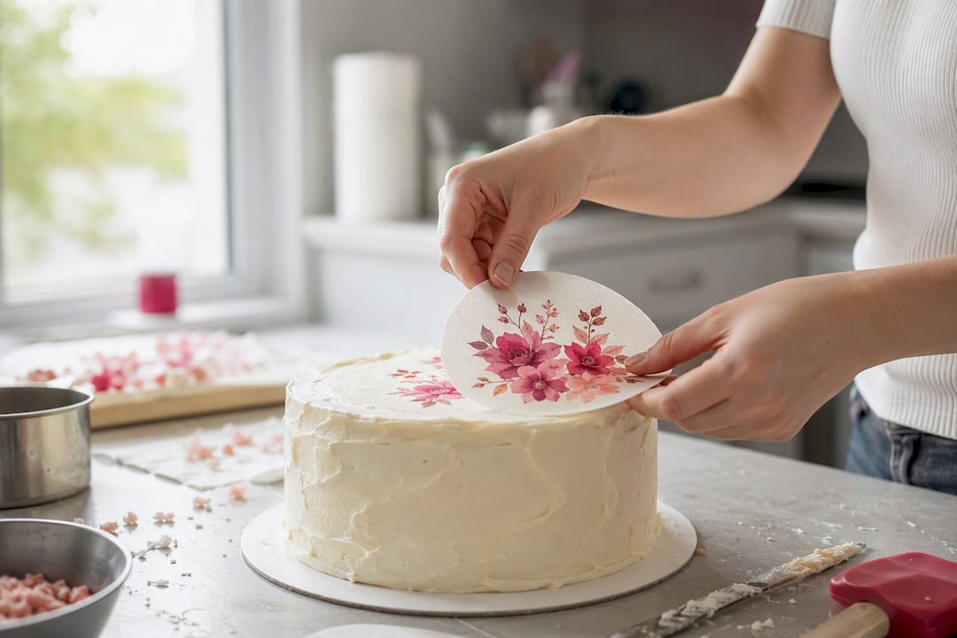 Hände, die einen Waffelpapier-Tortenaufleger auf der Torte platzieren