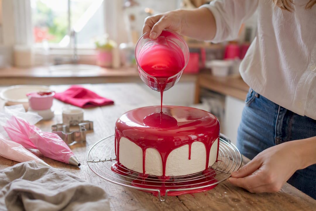 Hände, die rote Spiegelglasur über einen Kuchen gießen