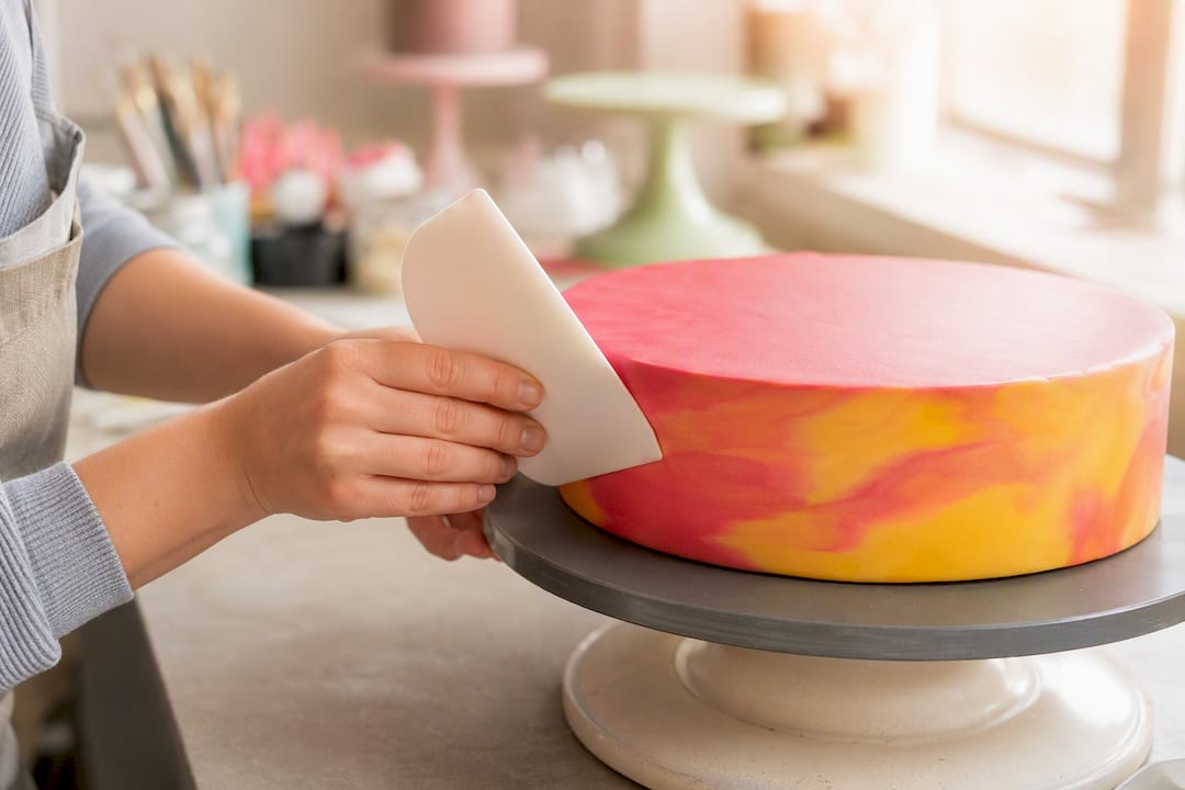 Hände, die den Rand von Fondant glattstreichen und schärfen