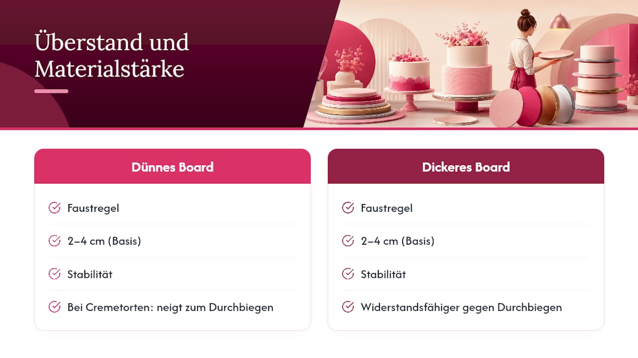 Diagramm, das Größe der Tortenplatte, Überstand und Materialstärke zeigt
