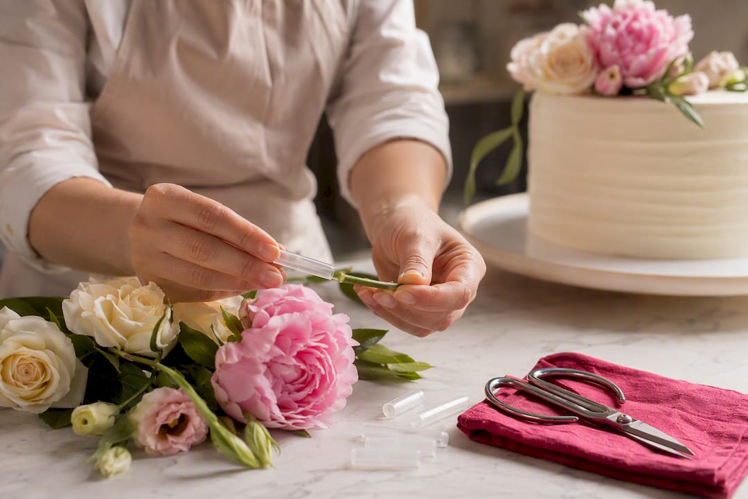 Frische Blumen werden für die Hochzeitstorte vorbereitet