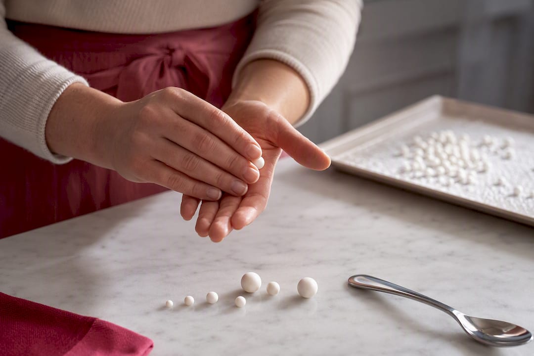 Hände formen Zuckerperlen aus selbstgemachtem Zuckerguss