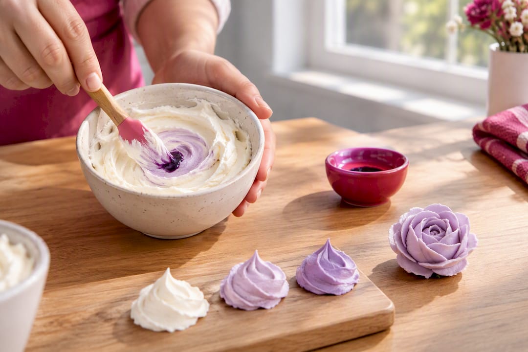 Weiße Buttercreme mit violettem Farbakzent