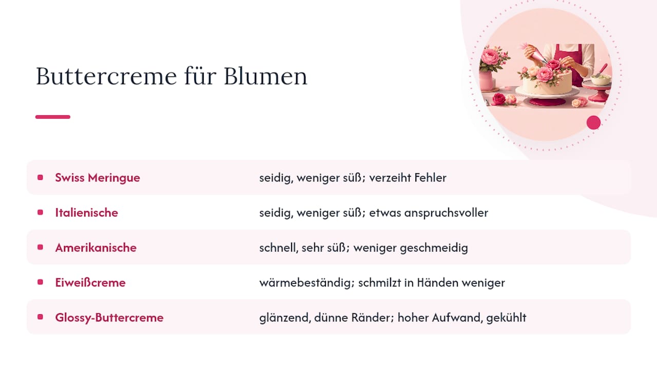 Vergleich verschiedener Buttercremes für Blumen