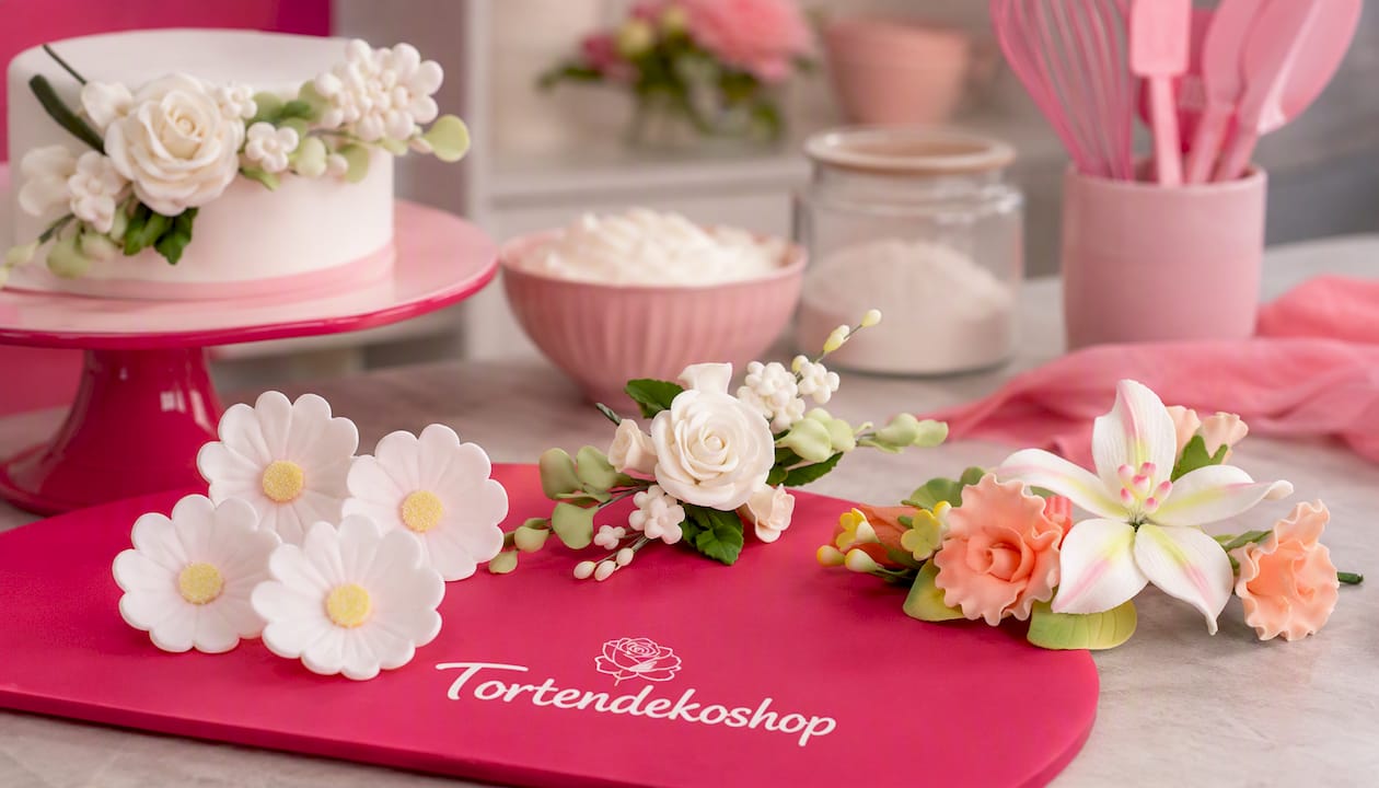 Blumen, 40mm, weiß, rosa, Zucker, 6 Stück