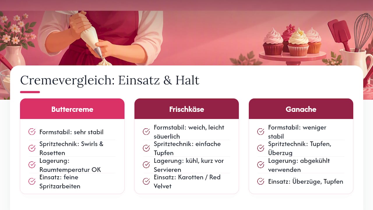 Buttercreme, Frischkäsecreme und Ganache im Vergleich