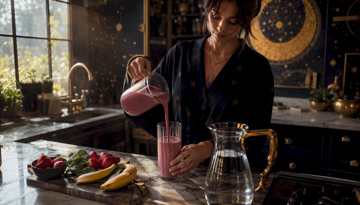 Hands making nutritious smoothie with fresh produce