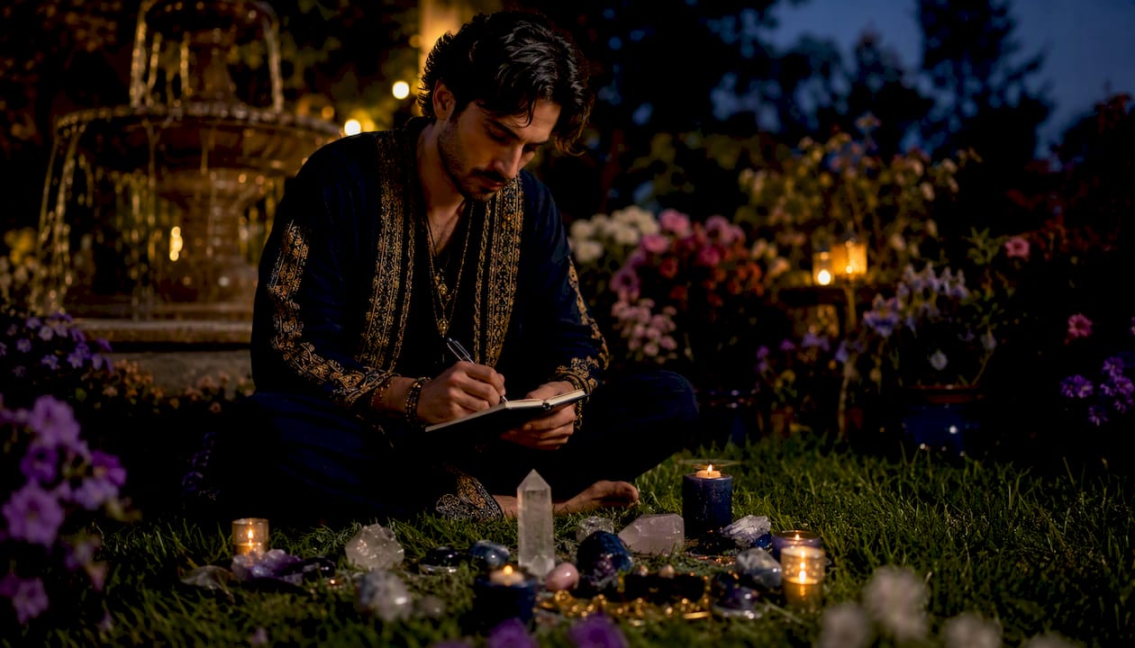 Man writing manifestation intentions in meditation space