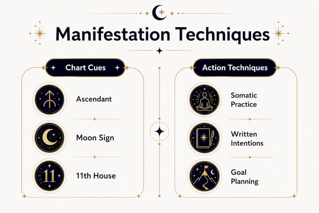 Comparison infographic of chart cues and manifesting techniques