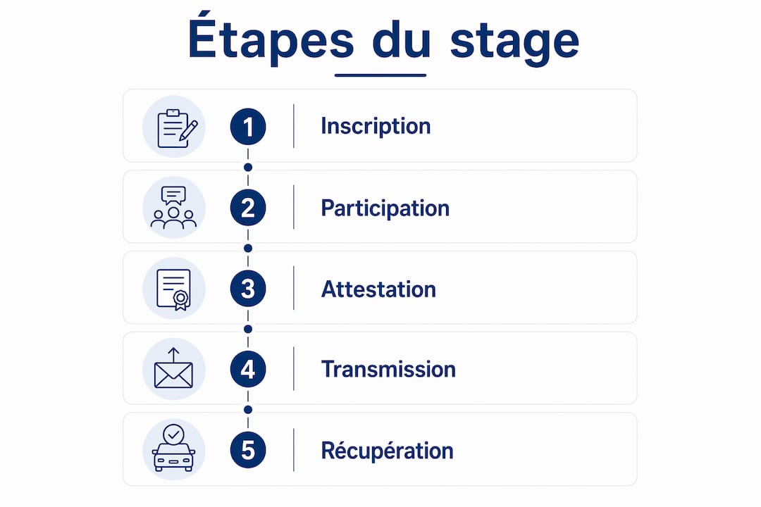 Découvrez en un coup d’œil les différentes étapes d’un stage de sensibilisation à la sécurité routière pour récupérer vos points.