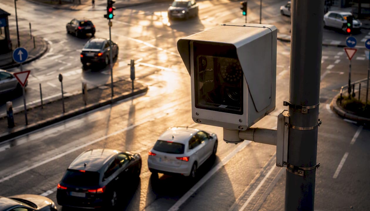 Un radar dernière génération installé à un carrefour équipé de feux tricolores en ville.