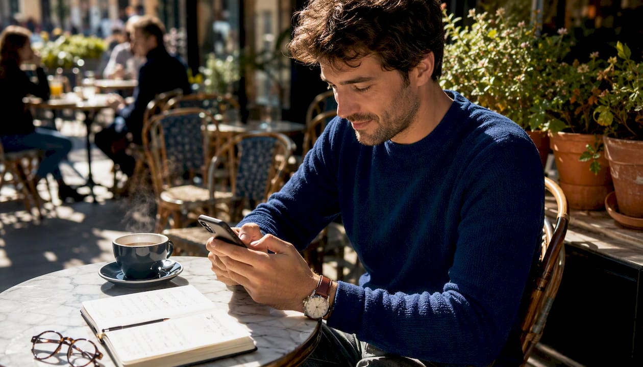 Une personne assise dans un café, smartphone à la main, en train de s'inscrire à un stage.