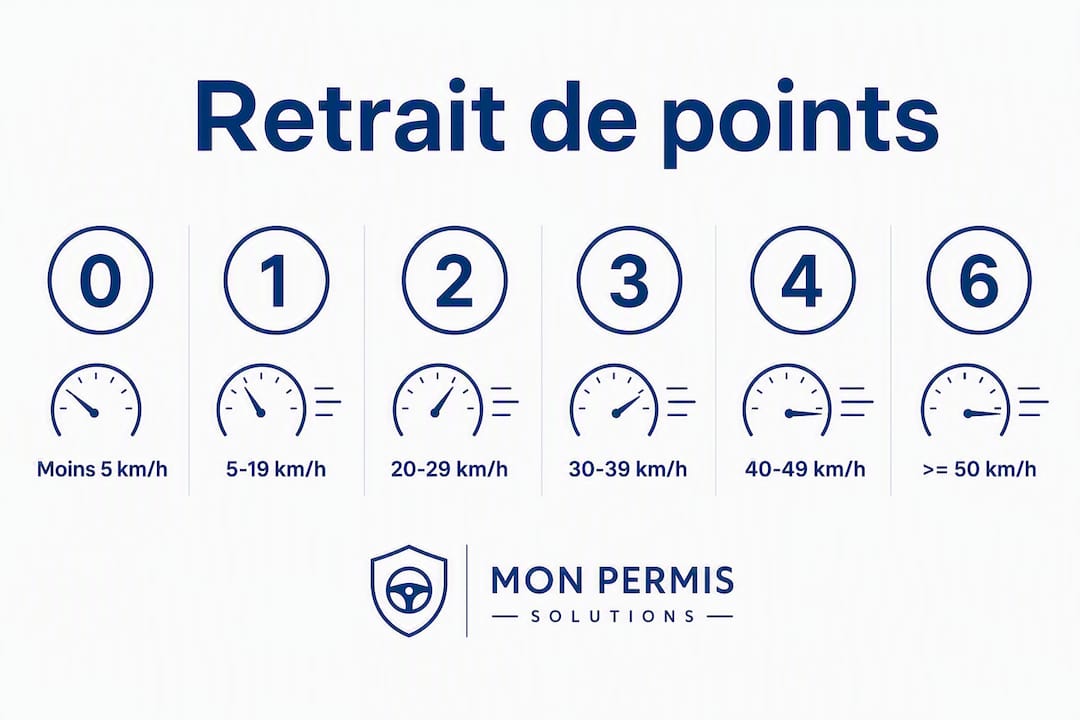 Tableau récapitulatif des retraits de points selon le dépassement de la vitesse autorisée