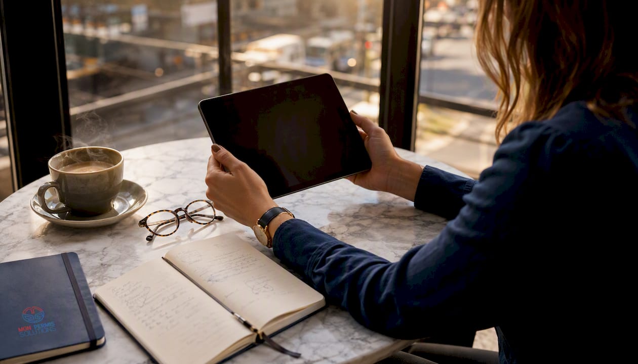 Une personne feuillette une tablette, confortablement installée dans un café baigné de lumière.
