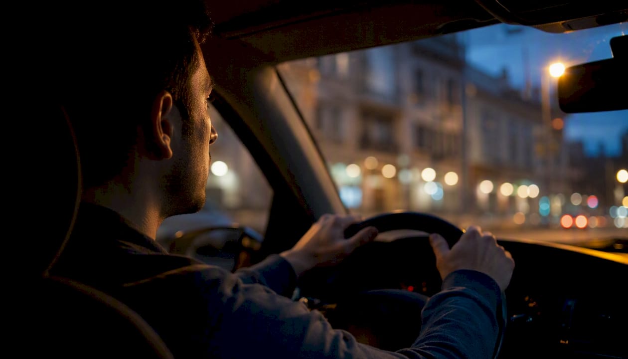 Au volant de sa voiture, le conducteur laisse vagabonder ses pensées, plongé dans une réflexion silencieuse.