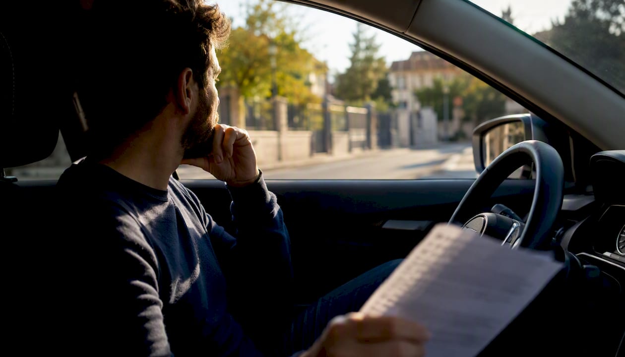 Un automobiliste consulte le solde de ses points de permis sur son smartphone, installé dans sa voiture.