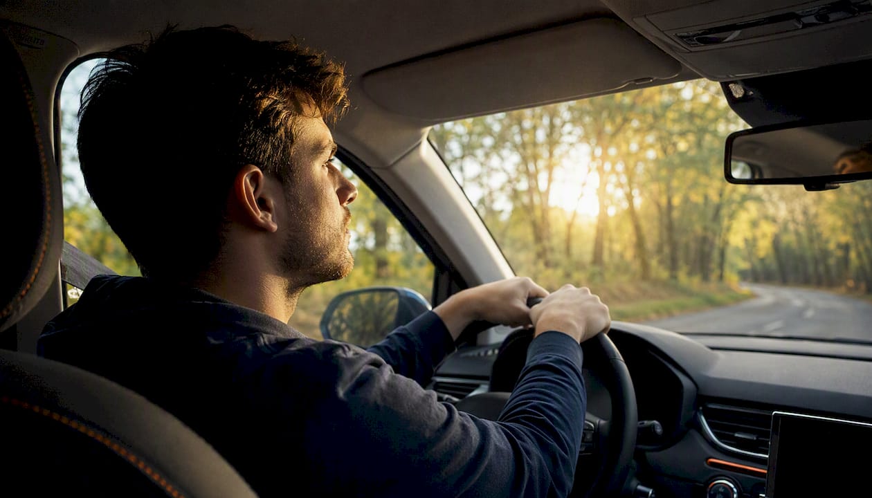 Le conducteur se reflète dans les surfaces intérieures de la voiture.