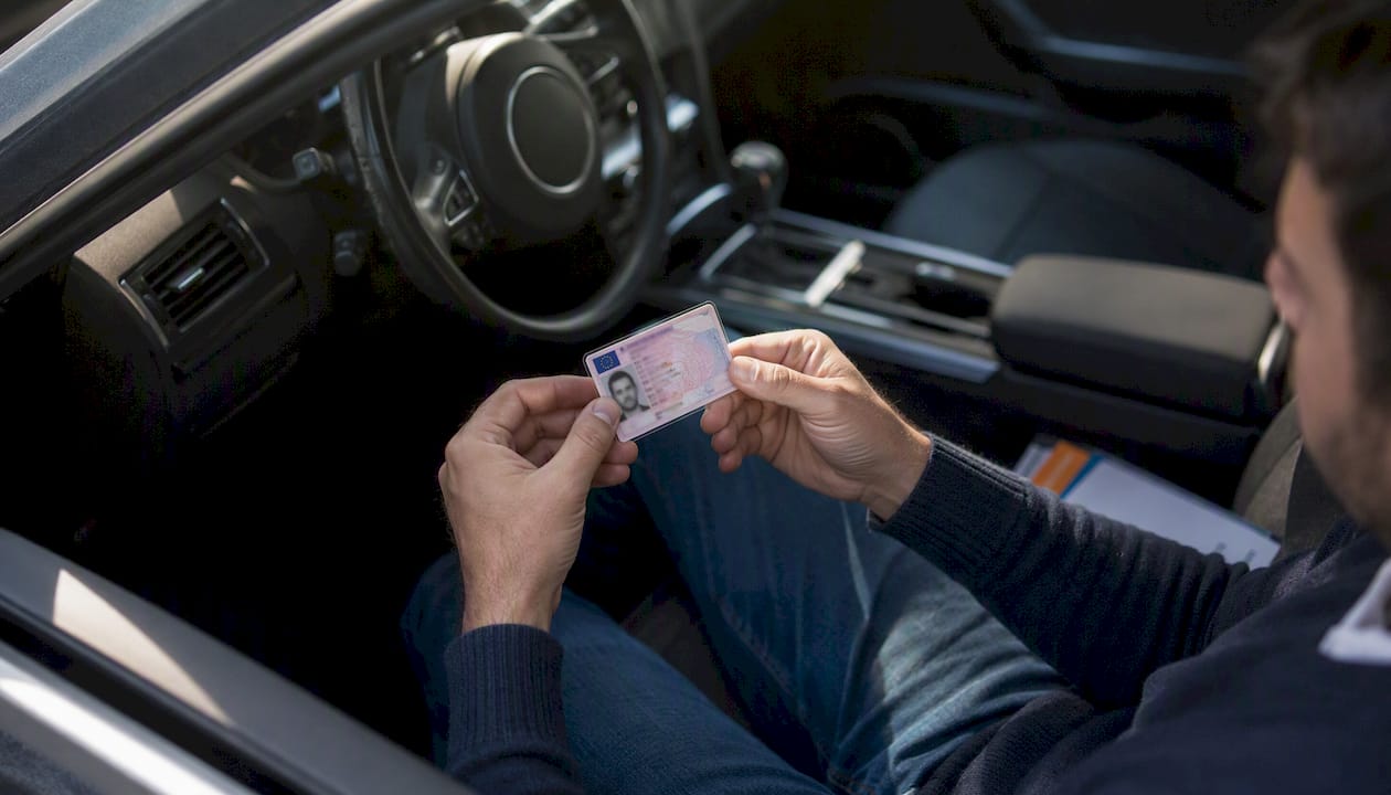 On aperçoit une personne tenant son permis de conduire français à l’intérieur de sa voiture.