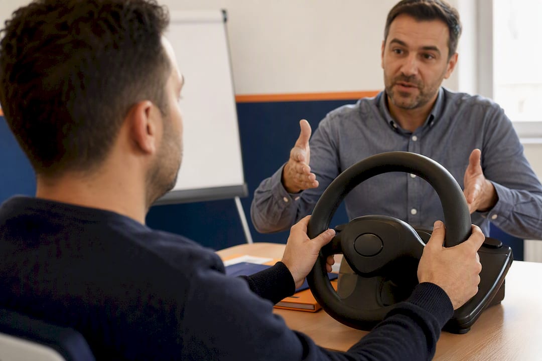 Conducteur tenant le volant lors d'un stage de sécurité