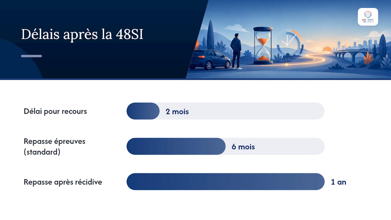 Après la 48SI : recours, délais et retour au permis — overview diagram